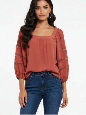 NWT Express Boho Peasant Blouse Top Rust Square Neck Puff Sleeve Lace Trim SZ S